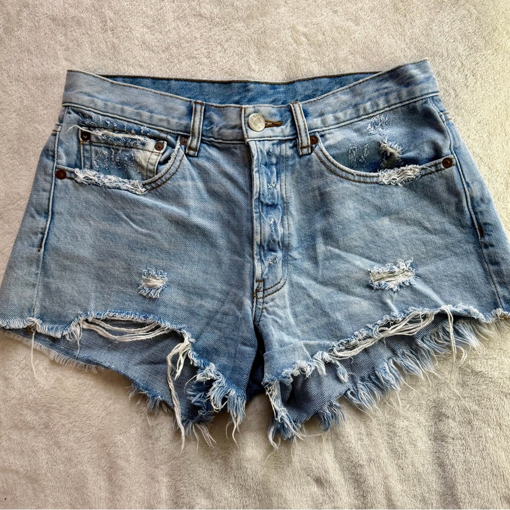 BDG Light Blue Frayed Jean Shorts